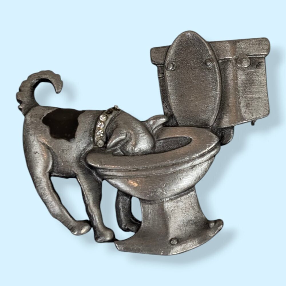V. JJ Pewter Dog Drinking From Toilet Brooch